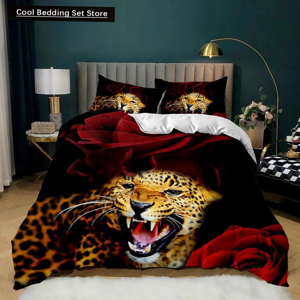 Tiger Duvet Cover Set Red Rose Flower Comforter Cover Boys African Safari Wild Animals Big Cat Queen King Polyester Qulit Cover