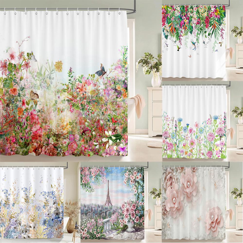 Flowers Butterfly Pattern Shower Curtains Bathroom Curtains Waterproof Polyester Bath Curtain with 12 Hooks Shower Curtain