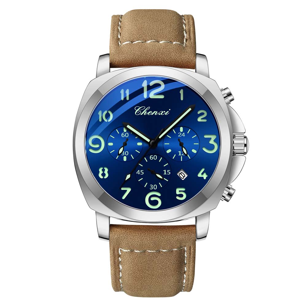 

Роскошные кварцевые часы для мужчин кожаный ремешок спортивный хронограф наручные часы мужские повседневные водонепроницаемые часы серебряный/синий