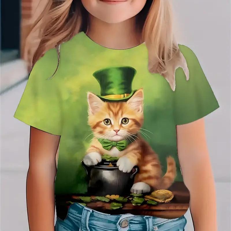 Kids T-shirt 3d Print New Minimalist 3D Printed Small Fresh Clover Pattern Girls' Round Neck Short Sleeved T-shirt