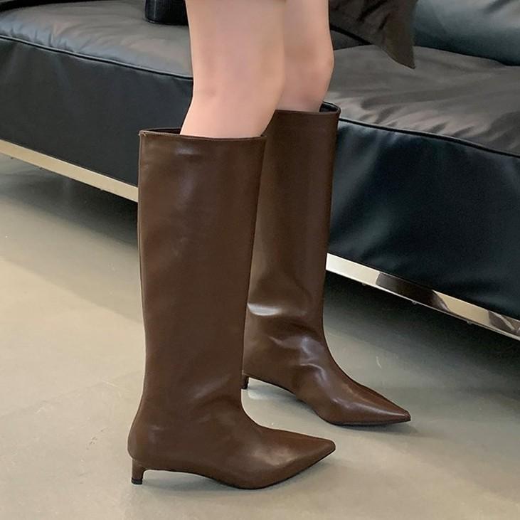 Pointed Toe Women High Boots Leather Sexy Heels Shoes Woman Trend New Snow Boots Low Heels Elegant Goth Mujer Botas