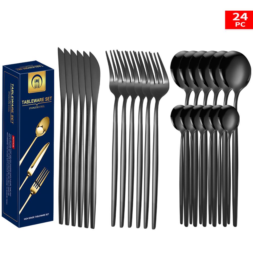 Set tacâmuri din oțel inoxidabil Portugal Gold, 24 de piese: Cuțit de Steak, Furculiță, Lingură de Hotel în Cutie Cadou