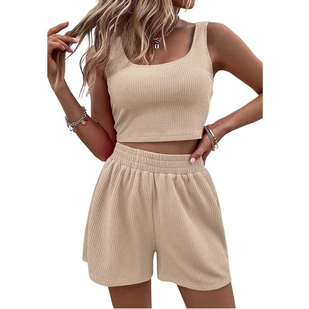 2023 Summer Women's Sweet Style Knit Sleeveless Casual Solid Color Suit