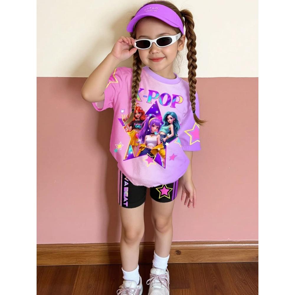 Kpop Cartoon Graphic New T-Shirt and Pants Set Girls' Summer Clothing Cute Short Sleeve Set Children's T-Shirt and Shorts Set
