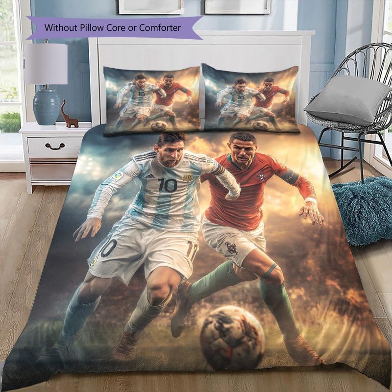 Messi Ronaldo 3pcs Duvet Cover Set, Football Star Print Bedding Set, Soft Microfiber Bed Cover with 2 Pillowcases for Soccer Fans Bedroom