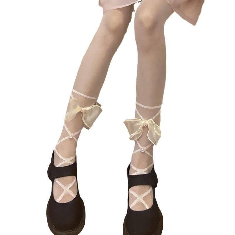 Lolita Calf Strap Bow Stockings – Pure Desire Style, Milk White, Versatile, Sexy, Feminine.