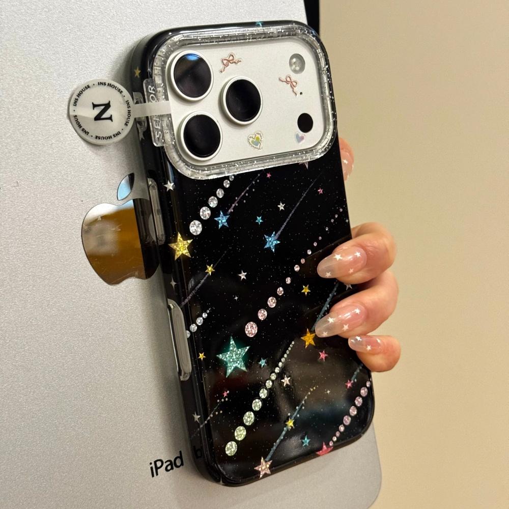 ins black background glitter color dot meteor suitable for iphone17promax apple 16pro mobile phone case 15 niche simple design sense anti-drop
