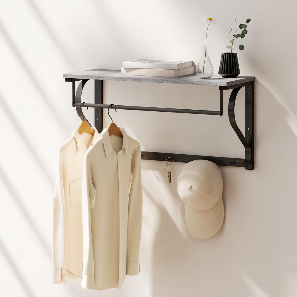 Wall-Mounted Coat Rack, Coat Hooks, 5 Hooks, Top Shelf, Versatile, Grey