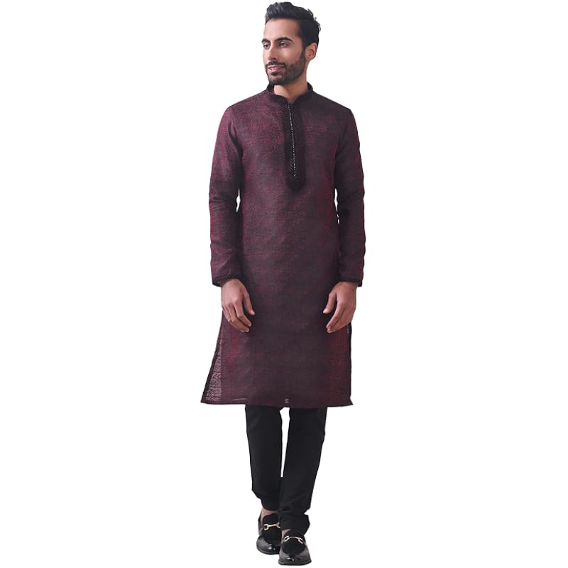 Manyavar Maroon Art Silk Full Sleeve Kurta Set | Traditional Kurta Set For Men (XL)