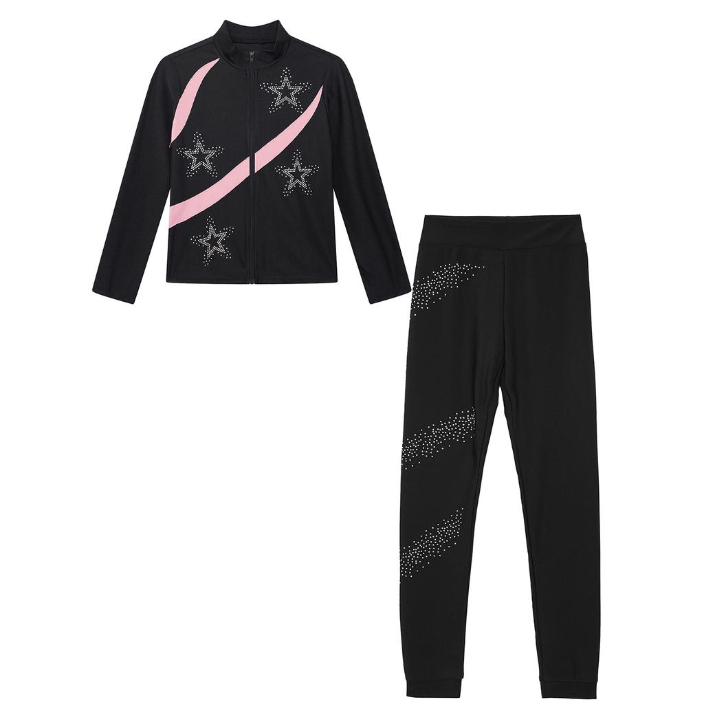 Mädchen Eiskunstlauf Outfit Kontrastfarbe Langarm Stehkragen Reißverschluss Sweatshirt Strasssteine Verziert Leggings Set