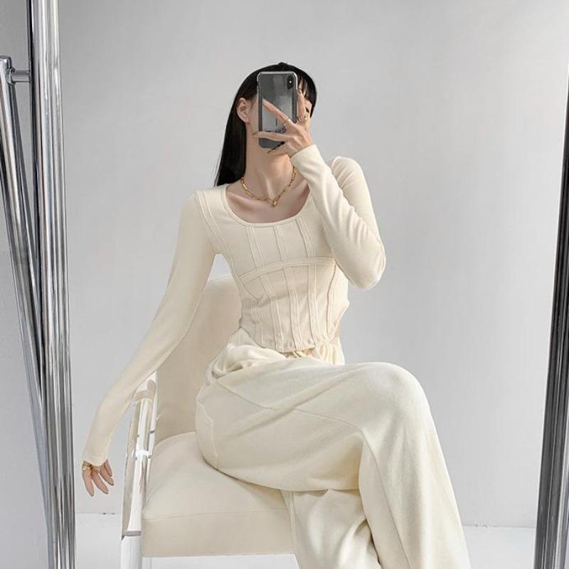 2KWEIRD Y2k T-shirt Girls Crop Tops Spring Women Long Sleeve O Neck Cotton Shirts Bustier Harajuku Pullover Streetwear All-match T-shirt