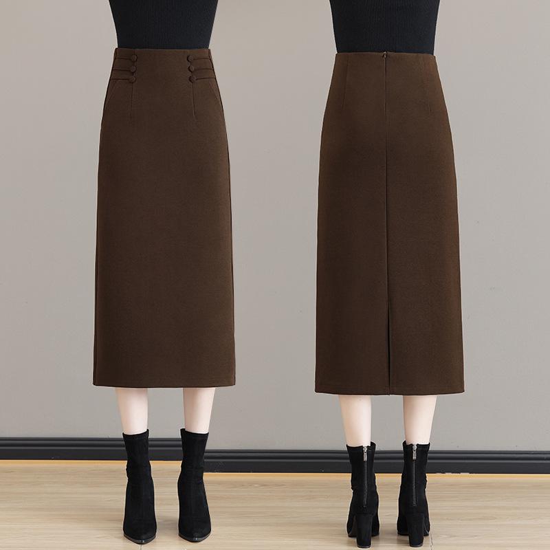Women's High-Waist Brown Wool Midi Skirt with Slit - Autumn/Winter 2025 Collection