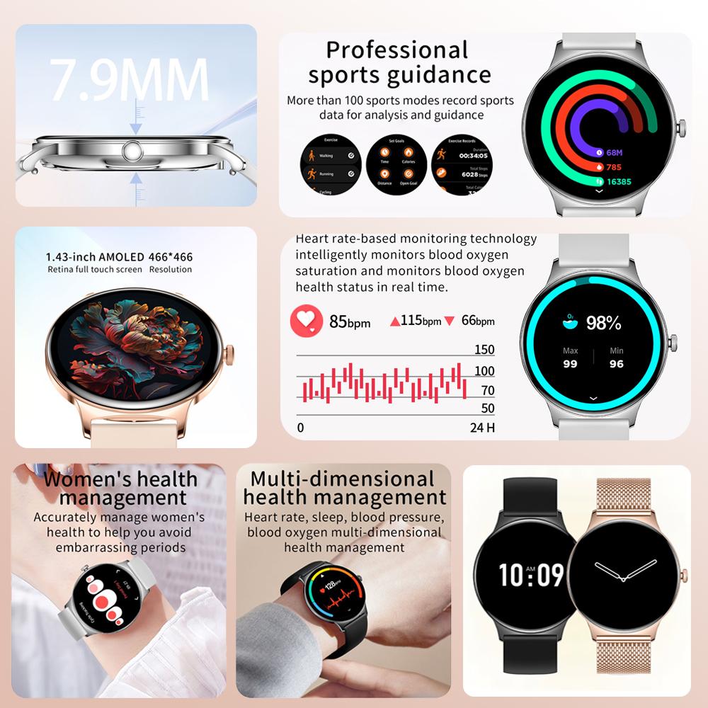 New Health Monitoring SmartWatch 100+Sports Modes Scientific Sleep Heart Rate 1.43-inch HD Large Screen Smart Watch Women