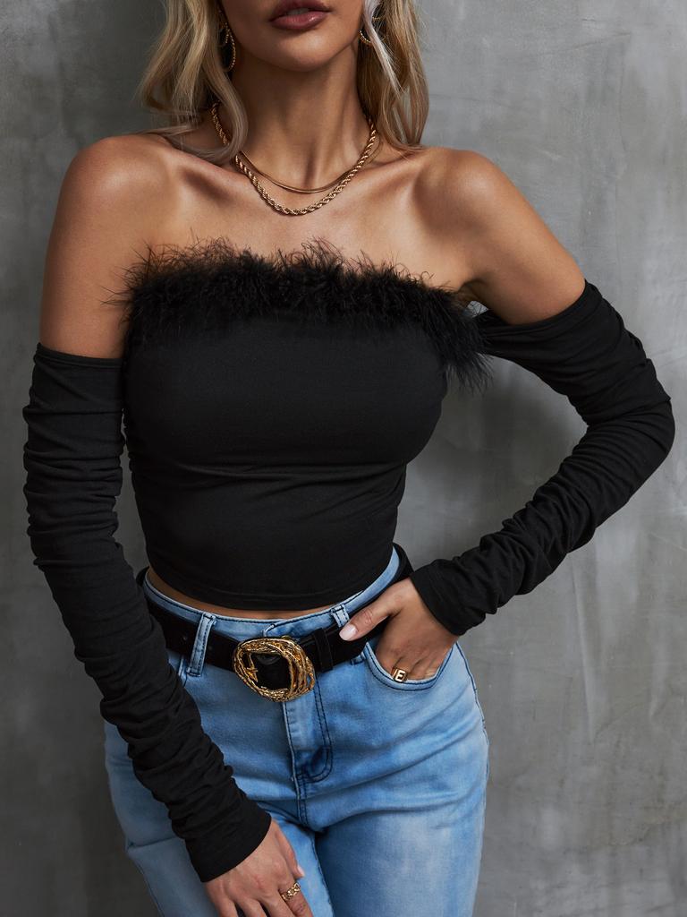 Vintage Mono-Kragen trägerloses Langarm-Top rückenfreies T-Shirt schulterfreie Damen-Y2K-Kleidung