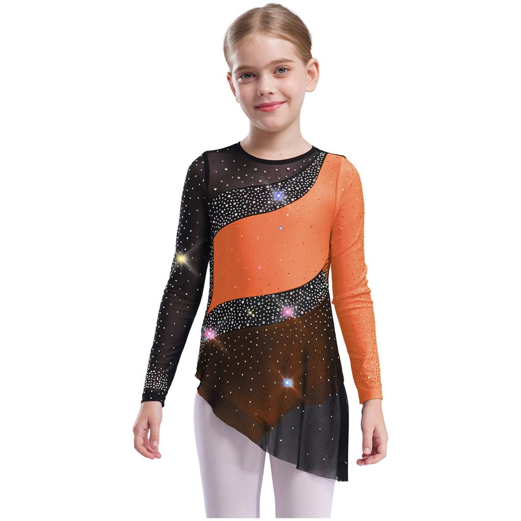 Girls Dance Gymnastics Bodysuit Dress Long Sleeve Sheer Mesh Patchwork Sparkling Rhinestones Color Block Leotard