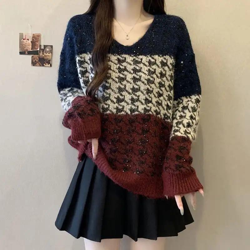 Maglione da Donna Pullover Stile a Quadri Colorblock Lavorato a Maglia Stile Coreano Scollo a V Ampio Base Autunnale
