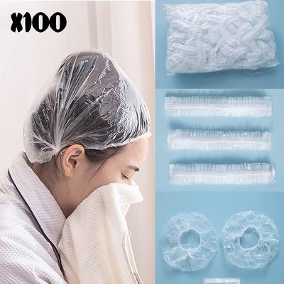 100 gorros de plástico transparentes, impermeables y resistentes al agua, para ducha, multiusos, elásticos y gruesos, para uso doméstico o de peluquería.