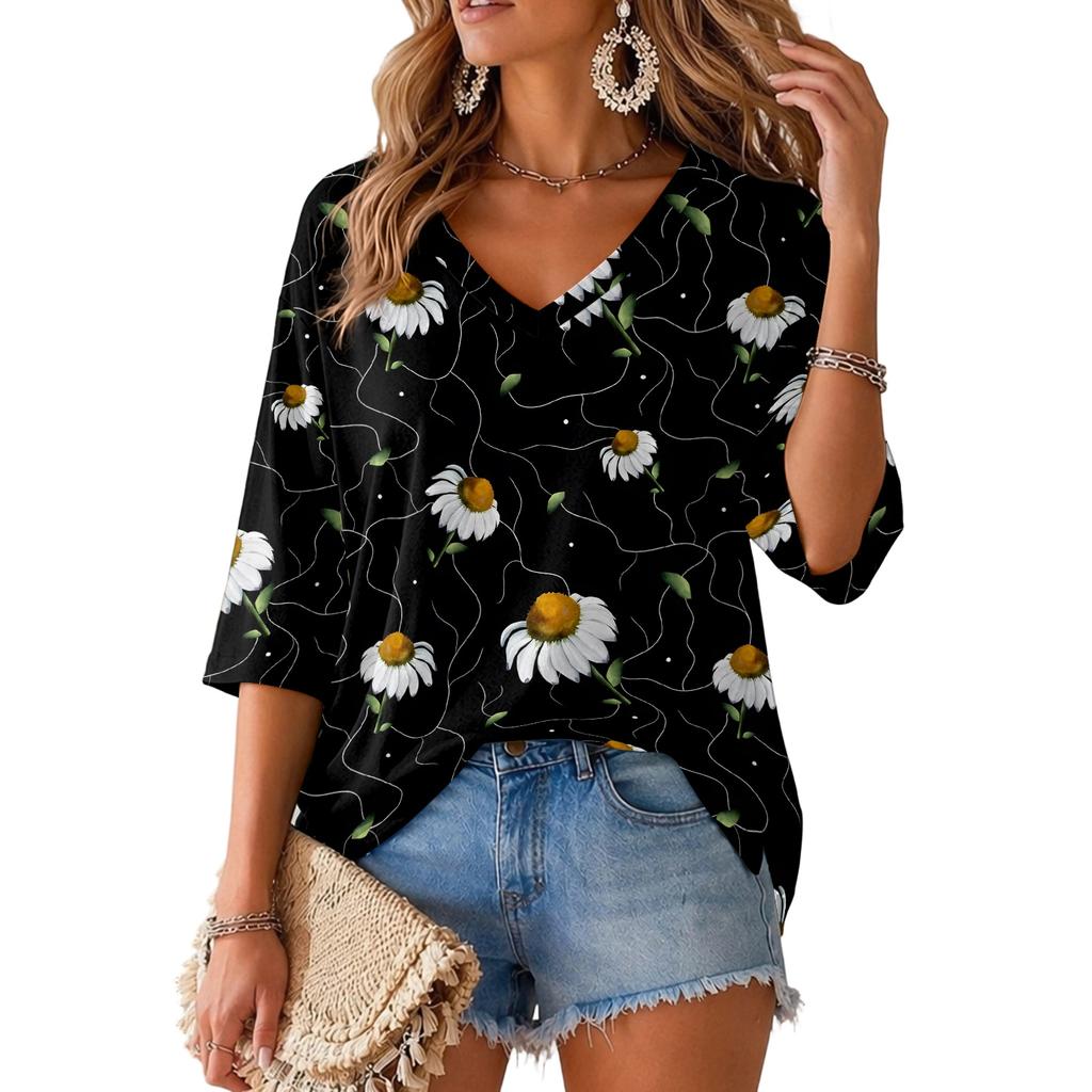 Women's V-Neck Print Lightweight Blouse for Spring and Summer