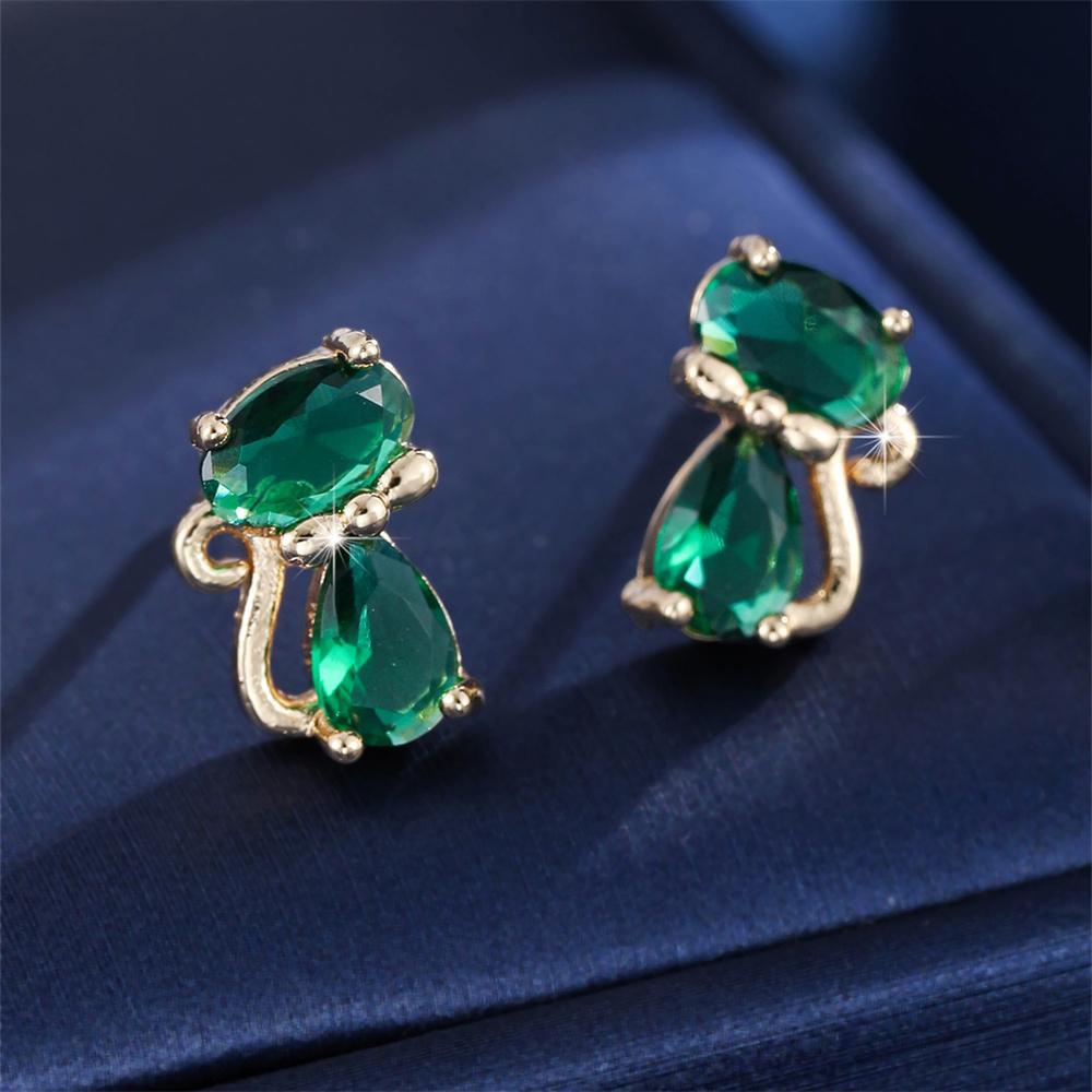 Rainbow Zircon Cute Green Small Cat Stud Earrings For Women Gold Silver Animal Ear Studs Wedding Jewelry Mother's Day Gift