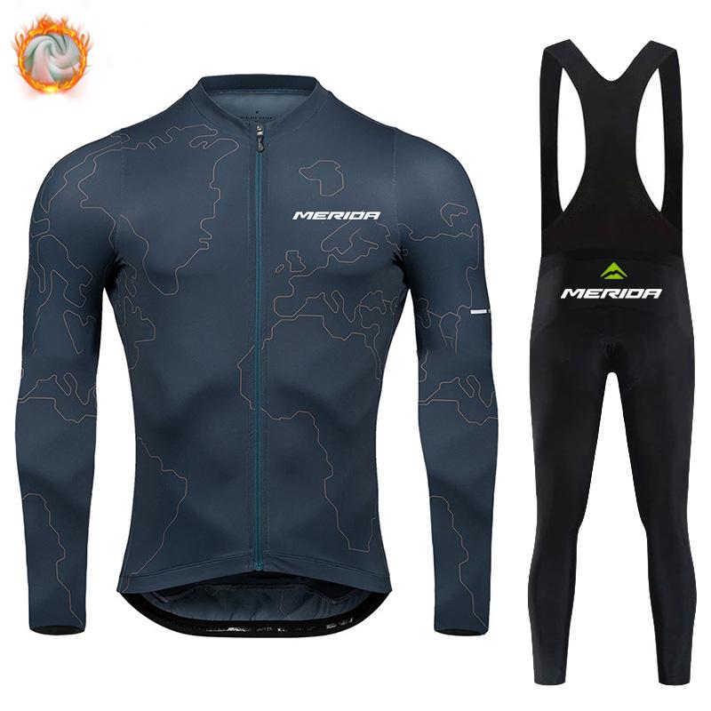 Merida Bike Team 2026 Winter Long Sleeves Cycling Clothing Men's Thermal Fleece Cycling Jersey Set Moutain Road Bike Uniform