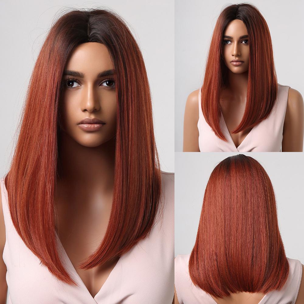 LOUIS FERRE Short Ash Brown Hair Wig for Women Synthetic Ombre Brown Straight Wigs With Bangs Shoulder Length Brown Natural Hair