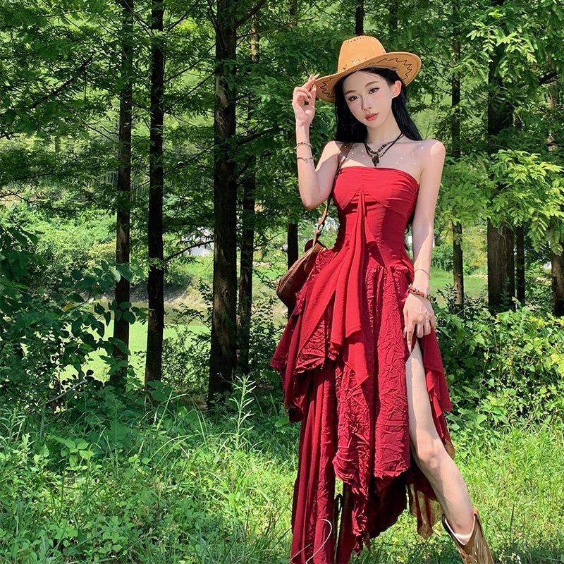 Vacation Retro Red Dress Women's Cold Feeling Multi-level Irregular Tube Top Birthday Dress
