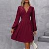 Women's Fashionable Solid Color V Neck Long Sleeved Pleated Versatile Dress