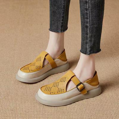 Zacht Leer Retro Zomer Nieuw Ademend Hol Platform Platform Alles-Match Casual Gesp Mode Sandalen