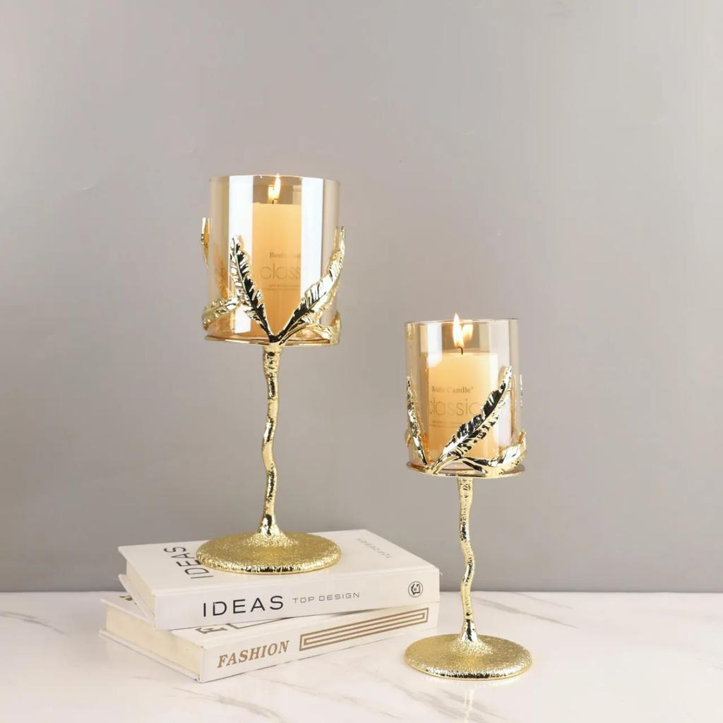 Portacandele in Metallo Candelabro Candeliere Vetro Trasparente Foglia Dorata Portacandele Dorati Candelabri Decorazione Matrimonio