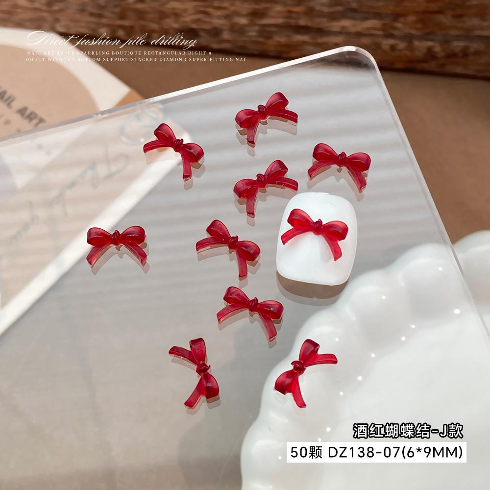 Wine Red Bow Nail Accessories Popular Online Items Solid Color Three-dimensional Hollow Tie Cartoon Resin
