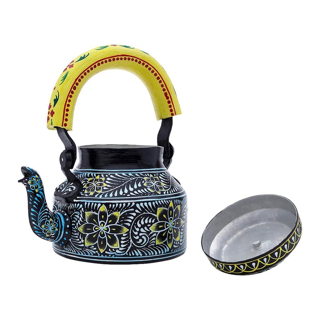 Handcrafted & Handpainted Multicoloured Aluminium Tea Kettle Pot and 6 Glasses with Stand (Black, Yellow, White)