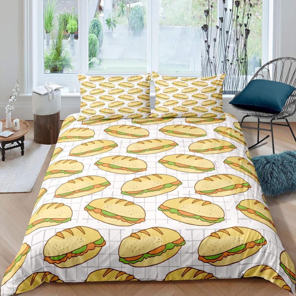 American Fast Food Duvet Cover Set Full Size Polyester Pizza Hotdog Hamburger Print Bedding Set French Fries Cartoon Quilt Cover