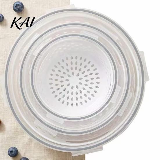 Kitchen Drainer for Produce Round Fruit Vegetable Storage Container, 2-Layer Food-Grade PP Crisper with Freezer Safe Food Container Drain Basket,
