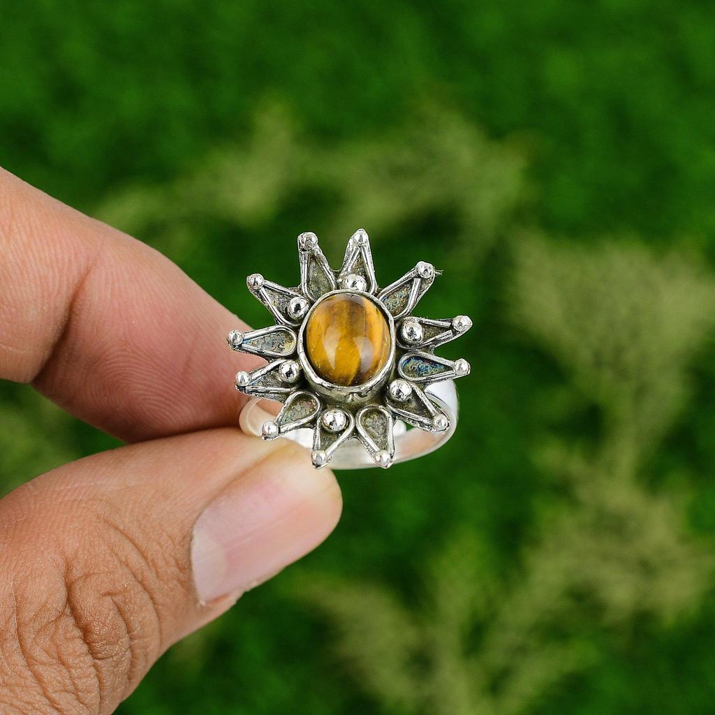 Womens day Deal Sterling Silver Tigers Eye Gemstone Flower Sister Ring Jewelry