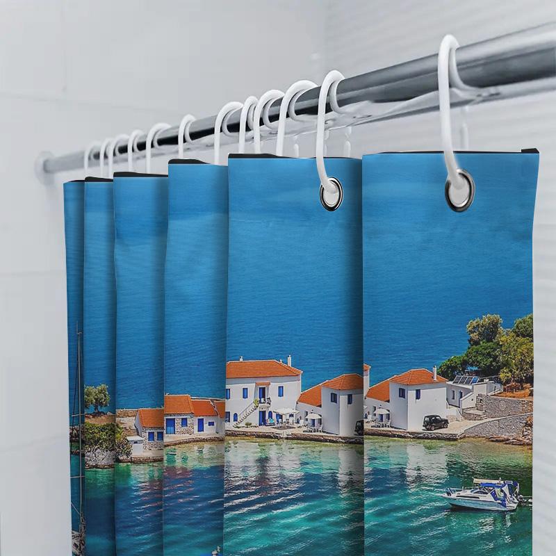 Unframed Mediterranean Coastal Shower Curtain Sea View Ocean Decor Beach Themed Bathroom Fabric Waterproof Home Decor Artistic P