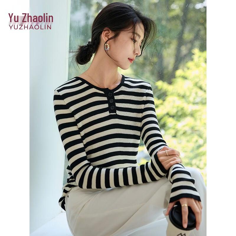 YUZHAOLIN Women s Round Neck Striped Knit Sweater M