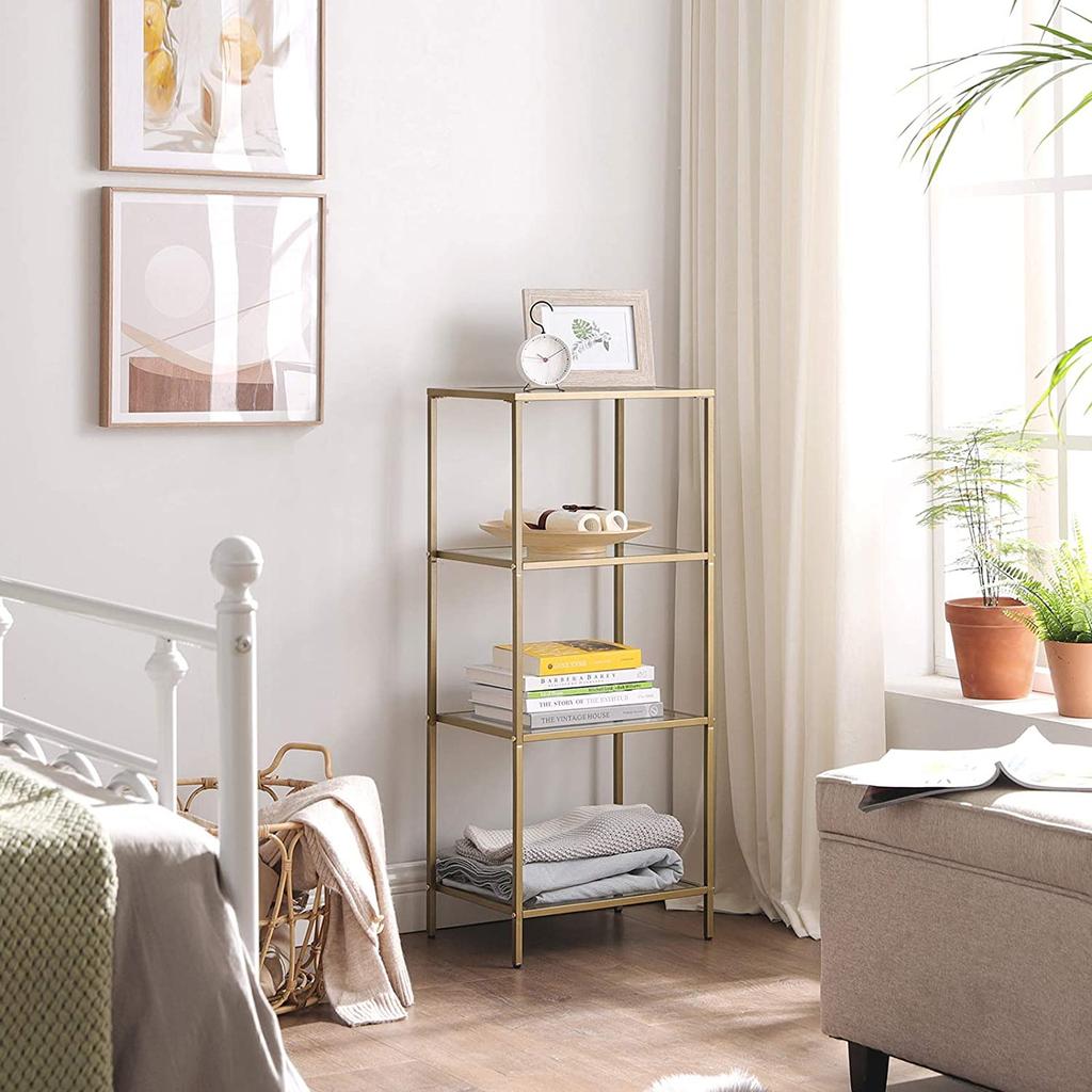 VASAGLE Bathroom Storage Shelf, Tempered Glass Storage Rack, 4-Tier Storage Unit, Sturdy, Easy To Assemble, for Living Room, Bedroom, Office, Golden