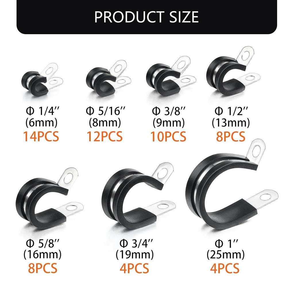 60Pcs Cable Clamps Assortment for Pipe and Wire Installation Rubber Cushioned Stainlesses Steel Clip with Screws
