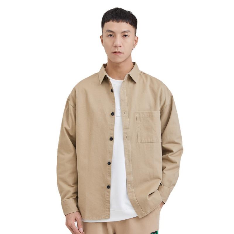 Japanese Pure Cotton Solid Long-sleeved Shirt Casual Loose Pocket Work Shirt Men's Clothing