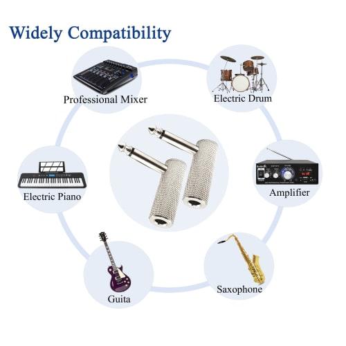 1/4" 6.35mm Right Angle Adapter Male To Female 90 Degree TS Connector for Guitar, Brass, 2pcs