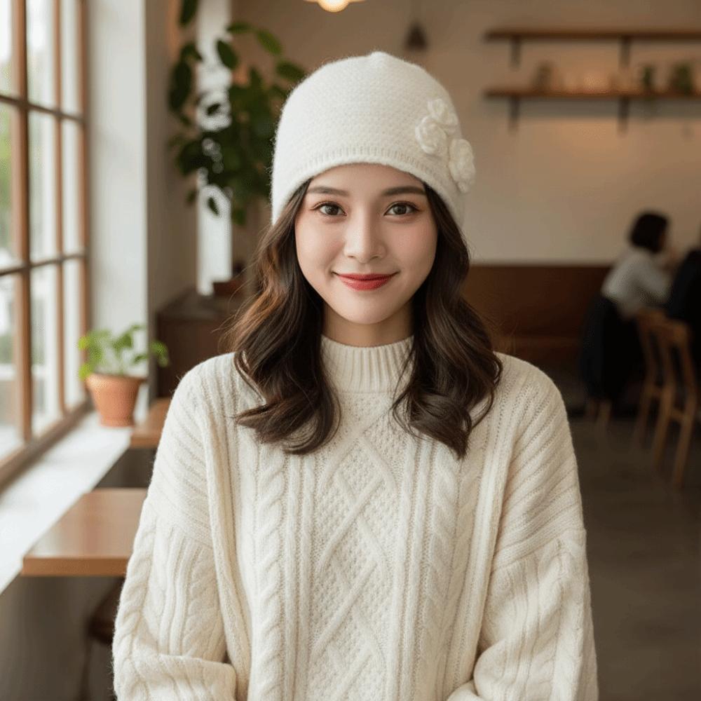 Korean Style Knitted Woolen Hat Elastic Flower Beanie Hat Versatile Winter Warm Hat  Cold Weather