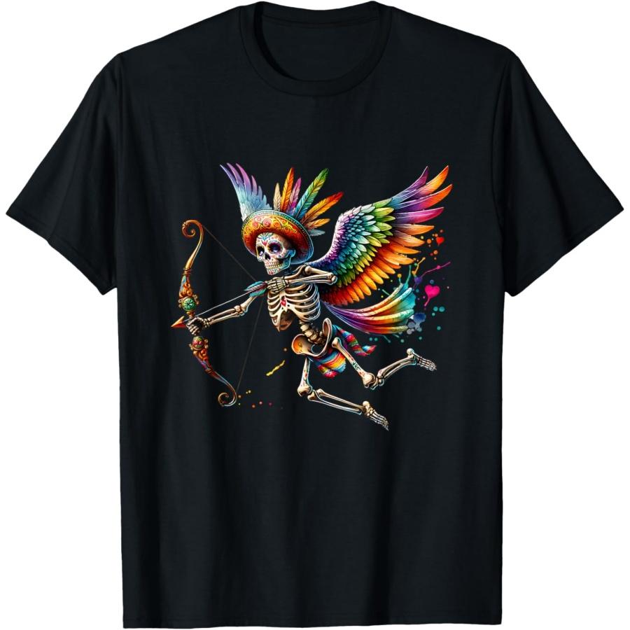 Cupids Arrow Brings Hearts Together Colorful Skeleton Art T-Shirt S
