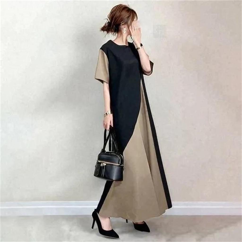 YUANYUAN Summer Don King Short Long Round High Loose Perfect for Summer Women's Color-Matching Dress, Dress, Sleeves, Length, Neck, Waist, A-Line,