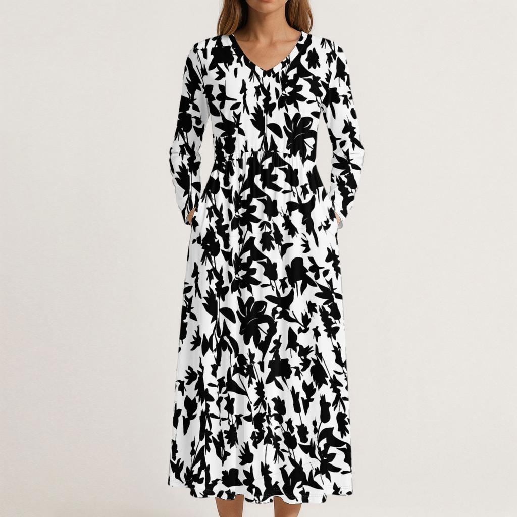 Kjole for kvinner Lang Boho Strandkjole Elegant Maxikjole V-hals Langermet Kjole med Lommer