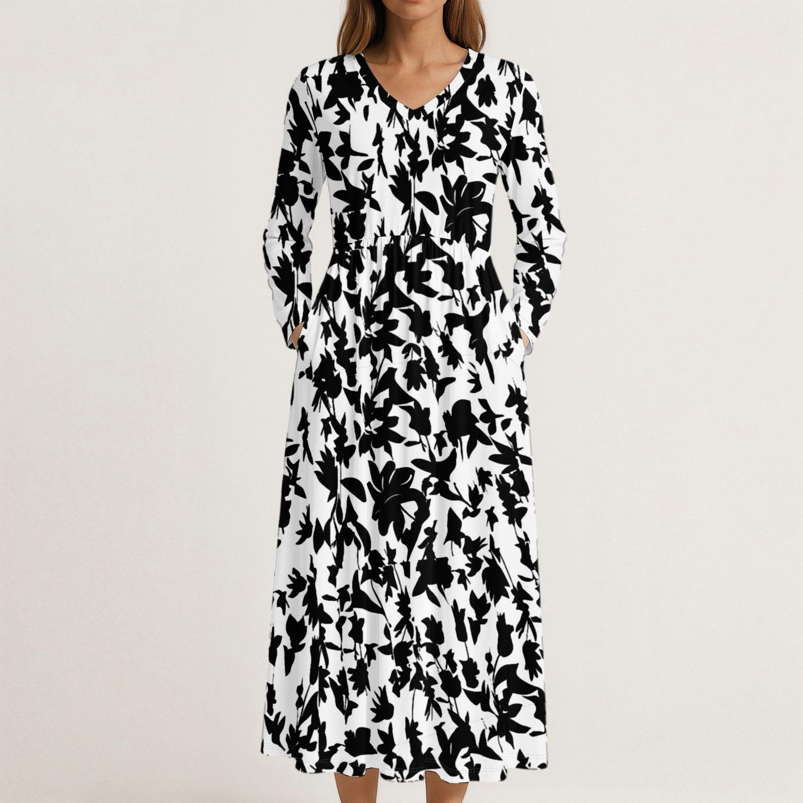 

Платье для женщин длинное бохо пляжное платье элегантное макси-платье V-образный вырез длинный рукав платье с карманами XL белый