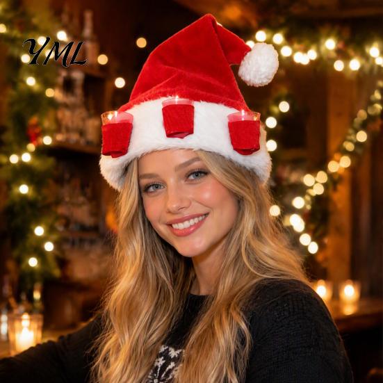 Christmas Drinking Accessories Plush Hat with Drink Holder, Adults Velvet Santa Claus Red White 3 Cups, Xmas Cap for New Year Holiday Party Winter