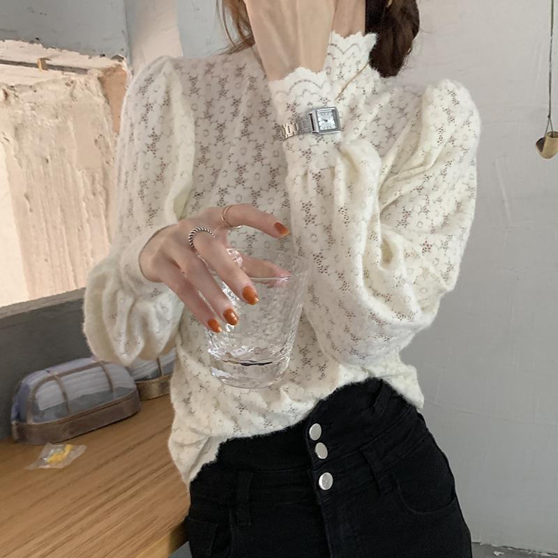 Hollow Out Frosted Lace Blouse Spring Autumn Top Women Korean Slim Fit Zippered Half High Collar Base Shirt