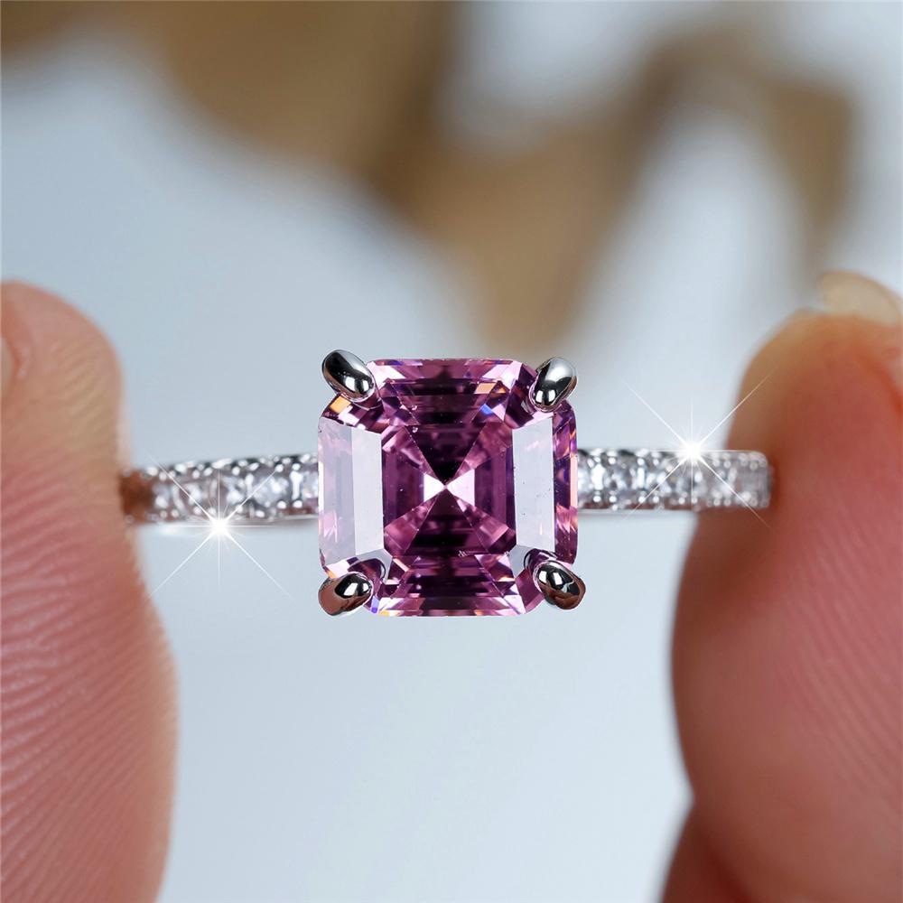 Charm Damen Pink Gelber Stein Quadratischer Ring Silberfarbe Niedliches Geschenk Hochzeits Schmuck Für Frauen