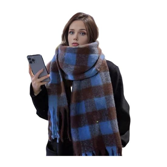 Winter Scarf Cashmere Feel Plush Scarf with Tassel Decoration Thickened Warm Plaid Pattern Winter Long Scarf