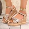 Bowtie Decor Gold Chunky Platform Sandals Women 2025 Summer Ankle Straps Wedge Sandals Woman Lightweight Thick Bottom Sandals